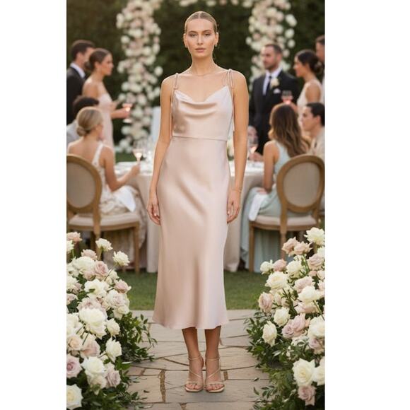 Jenny Yoo Kat Satin Midi Dress 6 Pink Prosecco - Picture 1 of 5